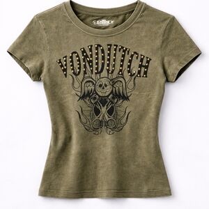 🆕Von Dutch Women’s Studded Graphic Tee Medium Olive Green Y2K Biker Grunge Crop
